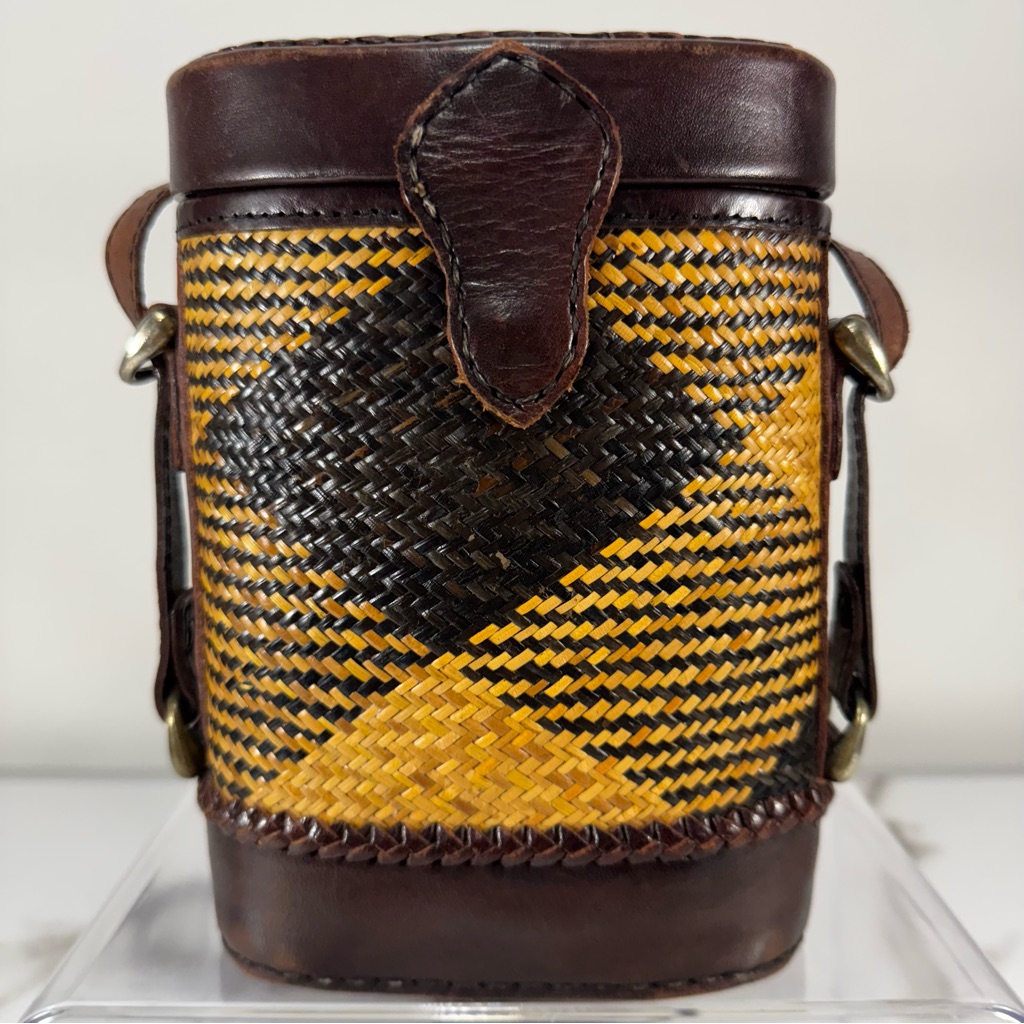 Elliott Lucca Oval Bamboo Straw Leather Woven Batik Artisan Handmade Bucket Bag